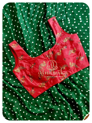 Green Bandini saree with kalamkari pallu