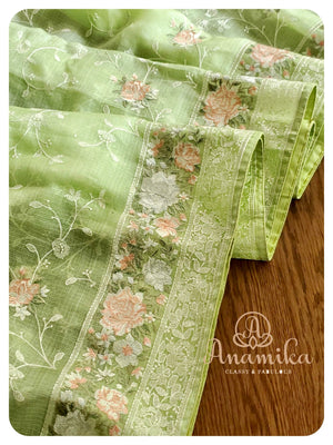 Green Kota Chikankari with Floral Work blouse