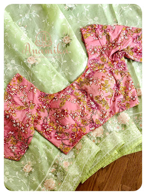 Green Kota Chikankari with Floral Work blouse