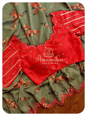 Forest Green Georgette Floral saree