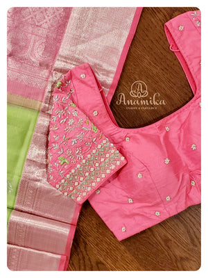 Pastel Green Pink kanchi silk saree with contrast pink hand worked blouse