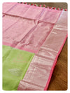 Pastel Green Pink kanchi silk saree with contrast pink hand worked blouse