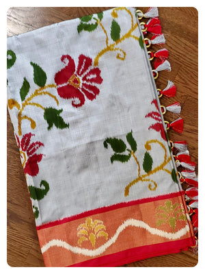 Grey Floral Ikkat Patol with a contrast Red work blouse