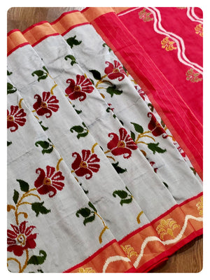 Grey Floral Ikkat Patol with a contrast Red work blouse