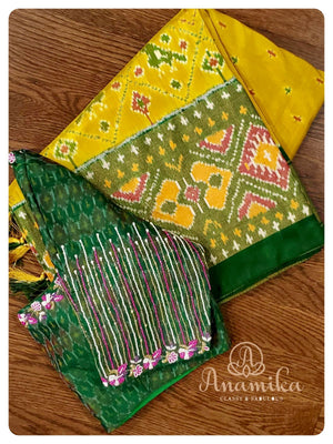 Yellow  Green Ikkat Silk Saree