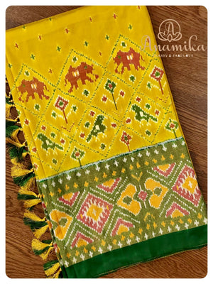 Yellow  Green Ikkat Silk Saree