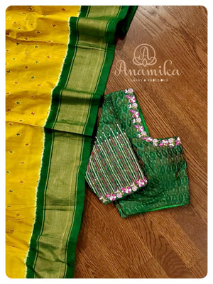 Yellow  Green Ikkat Silk Saree