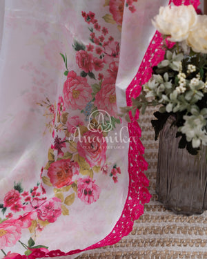 White Satin Georgette saree in beautiful Floral prints