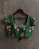 Dark Green rawsilk blouse with gold and multi color embroidery
