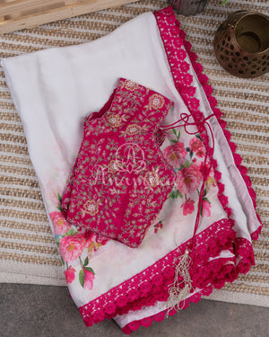 White Satin Georgette saree in beautiful Floral prints