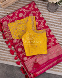 Reddish Pink banarasi silk saree with contrast yellow work blouse