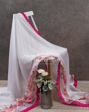 White Satin Georgette saree in beautiful Floral prints