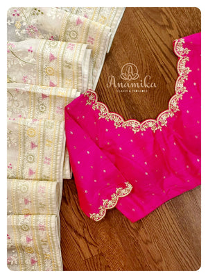 Off white kota Chikankari saree with hot pink blouse