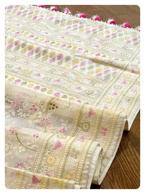 Off white kota Chikankari saree with hot pink blouse