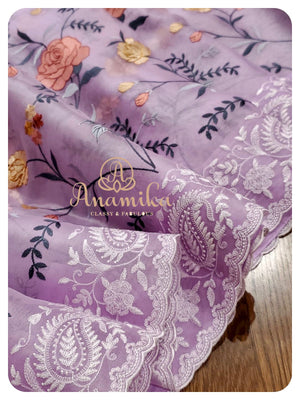 Lavender Organza Saree with yellow sleeveless blouse