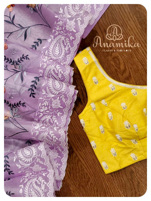 Lavender Organza Saree with yellow sleeveless blouse