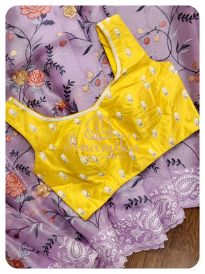 Lavender Organza Saree with yellow sleeveless blouse