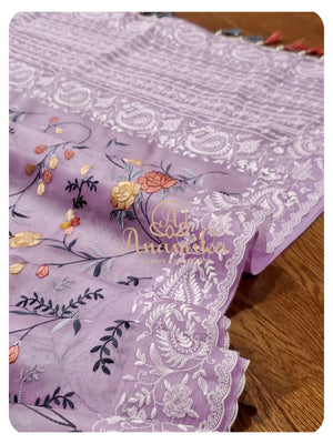 Lavender Organza Saree with yellow sleeveless blouse