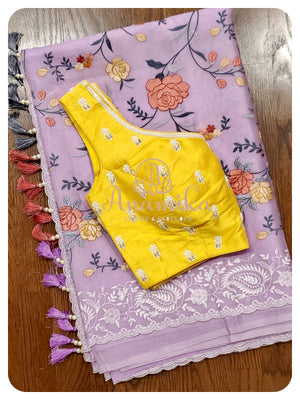 Lavender Organza Saree with yellow sleeveless blouse