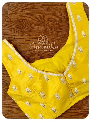 Lavender Organza Saree with yellow sleeveless blouse