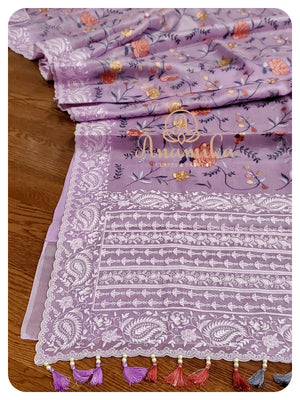 Lavender Organza Saree with yellow sleeveless blouse