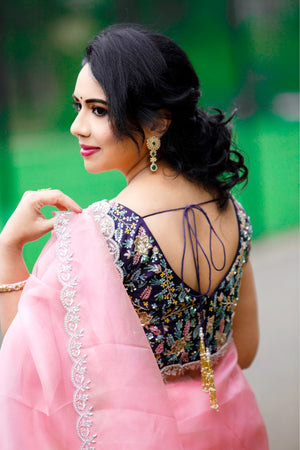 Light Pink satin organza saree with blue heavy work blouse