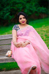 Light Pink satin organza saree with blue heavy work blouse