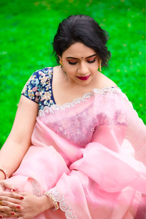 Light Pink satin organza saree with blue heavy work blouse