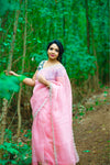 Light Pink satin organza saree with blue heavy work blouse