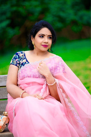 Light Pink satin organza saree with blue heavy work blouse