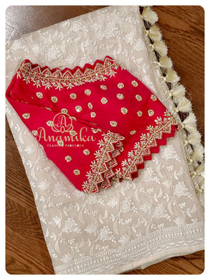 White organza chikankari with reddish pink heavy work blouse