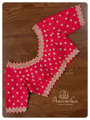 White organza chikankari with reddish pink heavy work blouse