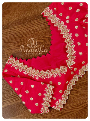 White organza chikankari with reddish pink heavy work blouse