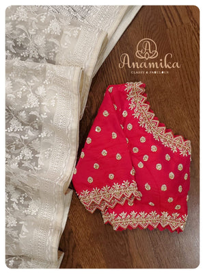 White organza chikankari with reddish pink heavy work blouse
