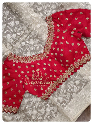 White organza chikankari with reddish pink heavy work blouse