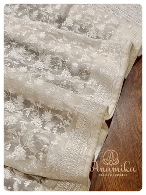 White organza chikankari with reddish pink heavy work blouse