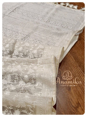 White organza chikankari with reddish pink heavy work blouse