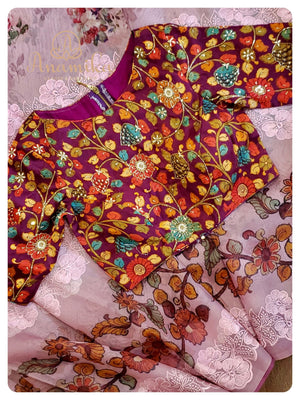Dusty Pink Organza Saree with Kalamkari blouse