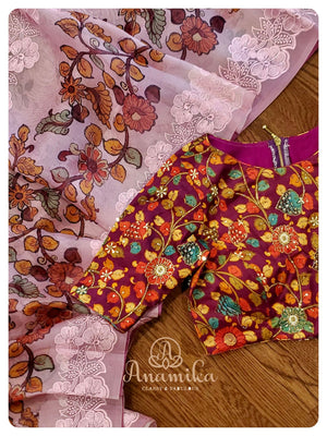 Dusty Pink Organza saree with Kalamkari Blouse