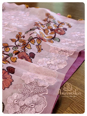 Dusty Pink Organza saree with Kalamkari Blouse