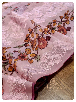 Dusty Pink Organza saree with Kalamkari Blouse