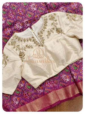 Purple Lenin silk saree with patola design