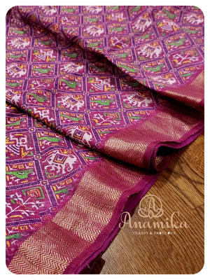 Purple Lenin silk saree with patola design