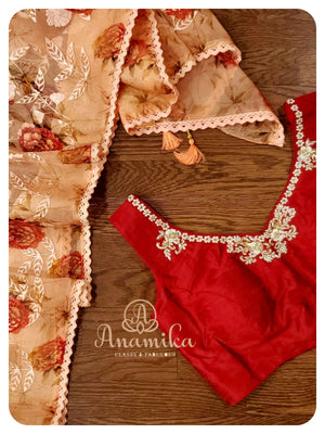 Peach floral organza saree with all over embroidery