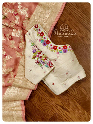 Peach Banarasi Georgette with Off white work blouse