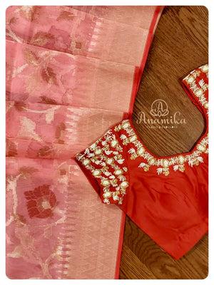Peach Banarasi Kora Saree with Red work blouse