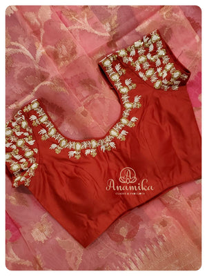 Peach Banarasi Kora Saree with Red work blouse