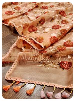 Peach floral organza saree with all over embroidery