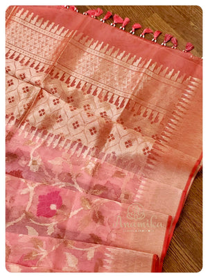 Peach Banarasi Kora Saree with Red work blouse