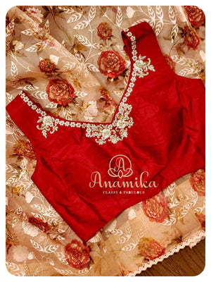 Peach floral organza saree with all over embroidery